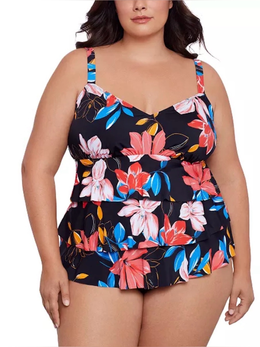 Swim Solutions Plus Size Tiered Black Floral-Print One Piece 16W NEW